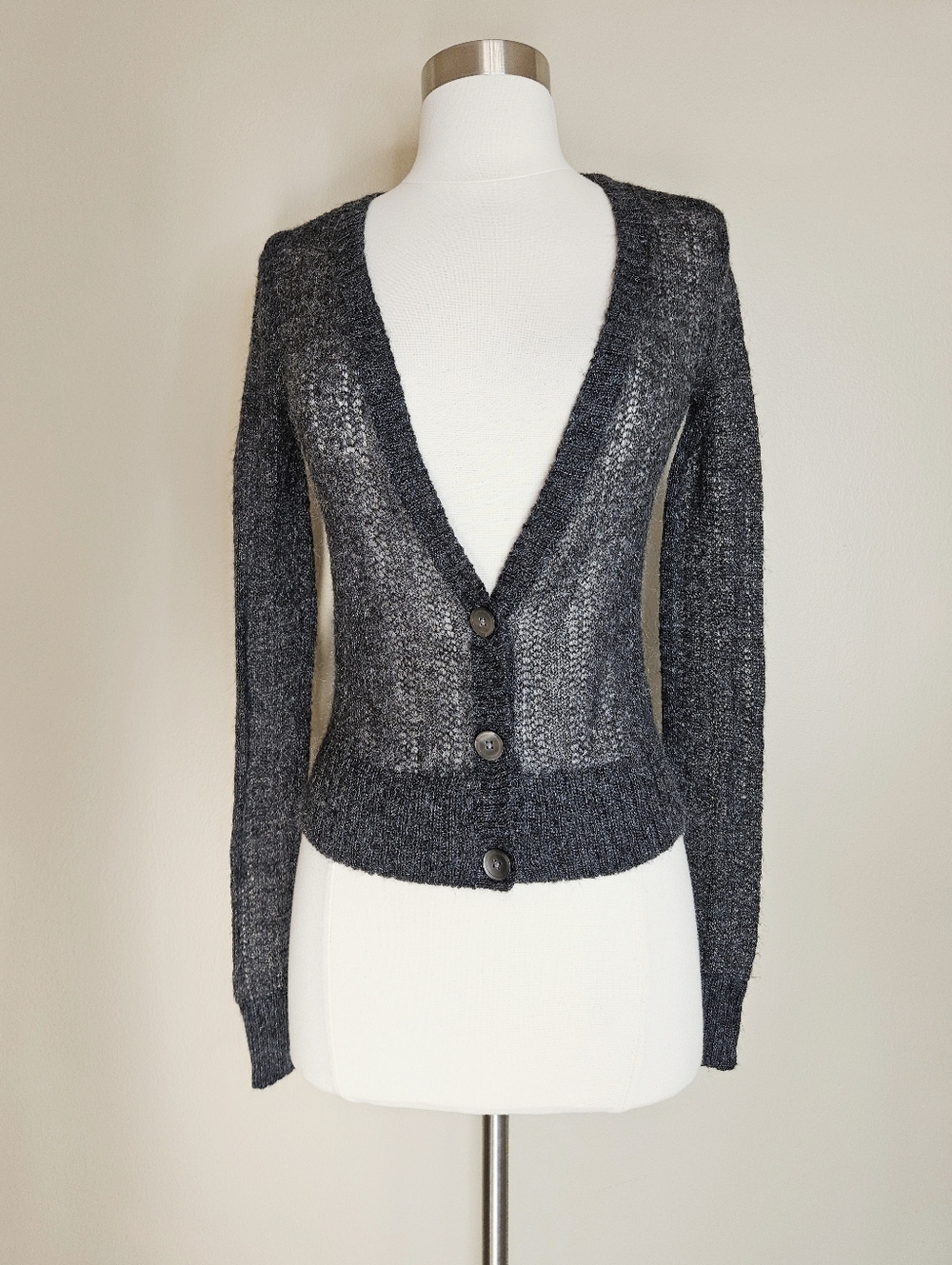 Aerie Mohair Blend Gray Knit Cardigan Long Sleeve Button Up Grey Sweater Small
